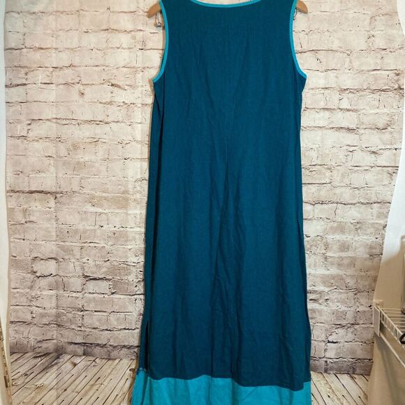 Vintage Studio Ease Midi Dress Womens 14 Linen Teal Turquoise Safari Elephant - Picture 3 of 13